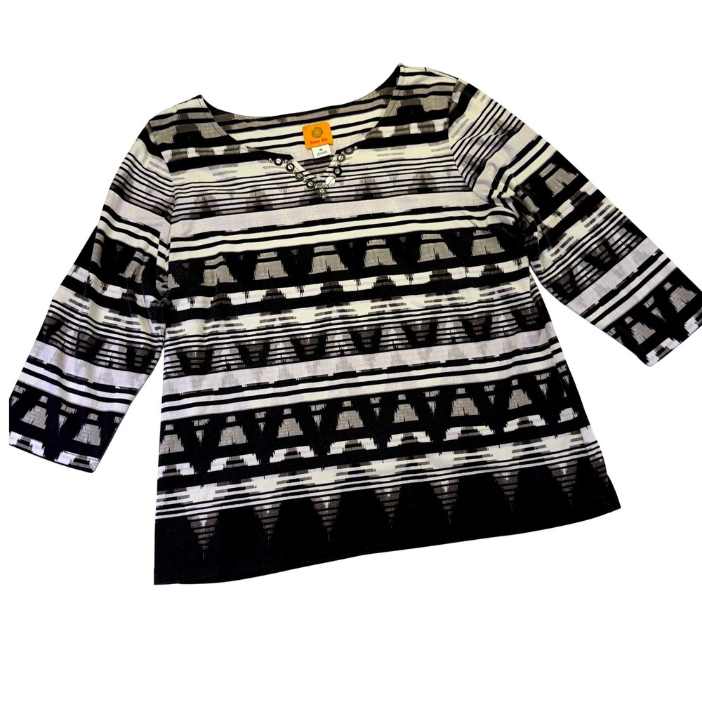 Ruby Rd Womens XL Black White Geometric Print 3/4 Sleeve Embellished Top 1012C2